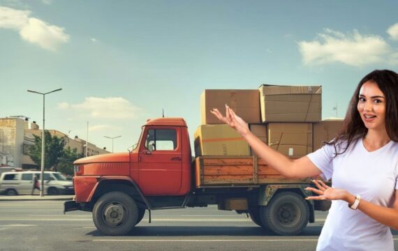 girl pointing packers and movers truck