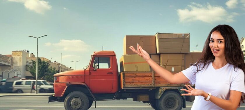 girl pointing packers and movers truck
